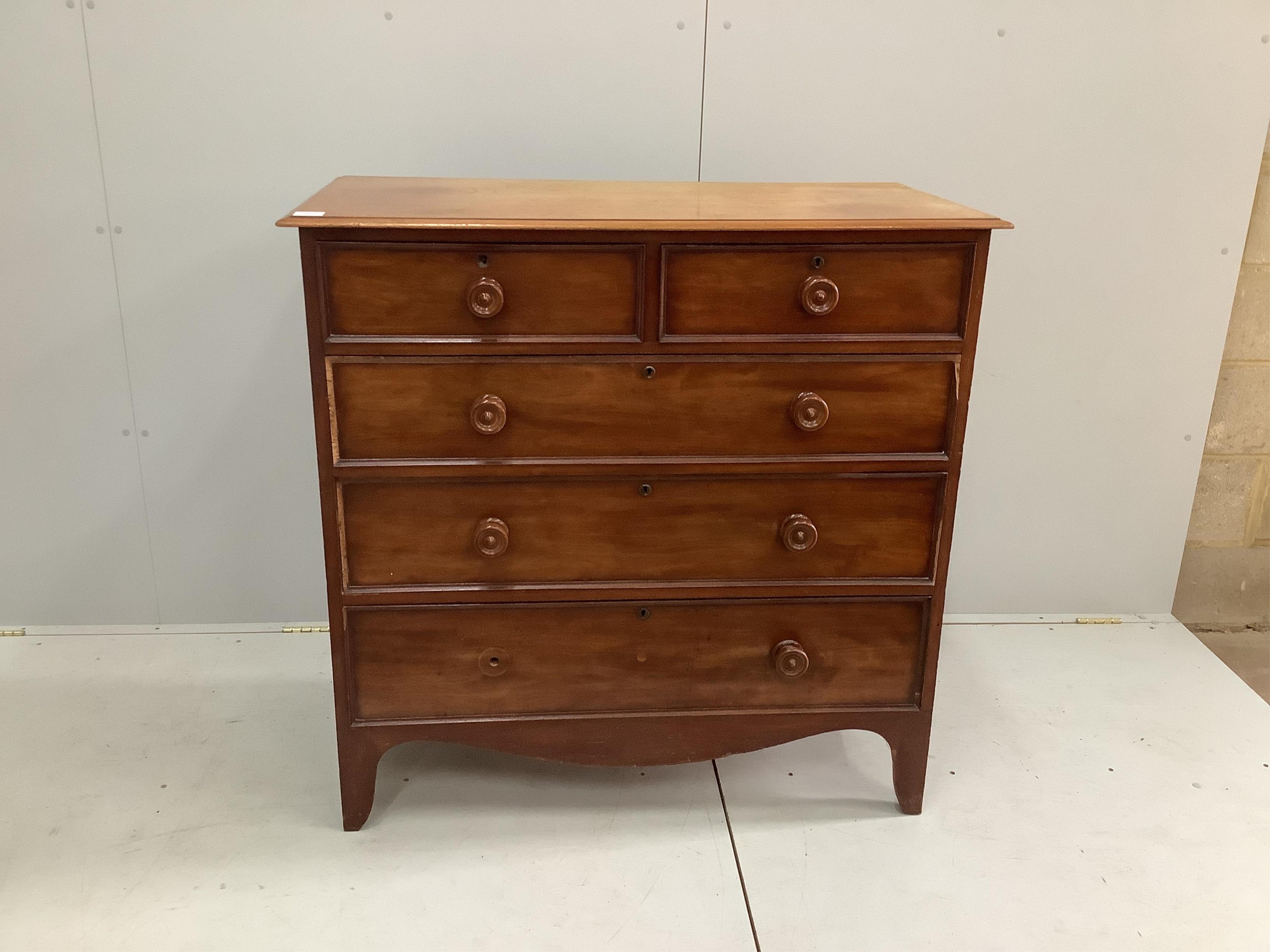 An early Victorian mahogany chest of two short and three long drawers, on bracket feet, width 106cm, depth 52cm, height 105cm. Condition - fair